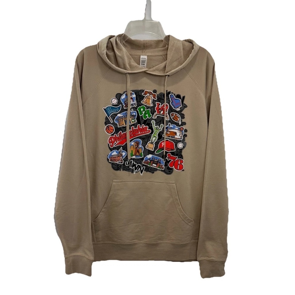 Philadelphia Graphic Print Pullover Hoodie Juniors Large Tan Mid Pocket Terry